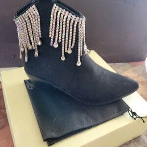 Black Rhinestone Fringe Ankle Boots